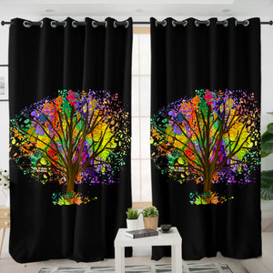Multicolor Big Tree Black Theme SWKL4577 - 2 Panel Curtains