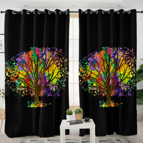 Image of Multicolor Big Tree Black Theme SWKL4577 - 2 Panel Curtains