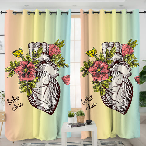 Image of Boho Chic Vintage Floral Heart Sketch SWKL4578 - 2 Panel Curtains