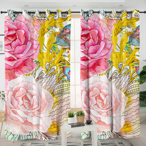 Golden Royal Flowers & Butterflies SWKL4592 - 2 Panel Curtains