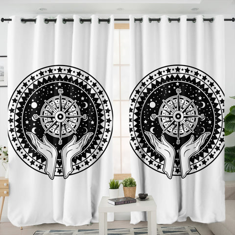 Image of B&W Raising Hands Sign Compass SWKL4596 - 2 Panel Curtains