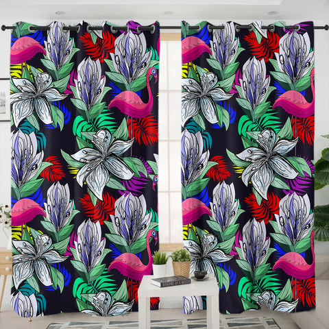 Image of Multi Flamingos & Flowers Full Screen SWKL4597 - 2 Panel Curtains