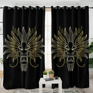 Golden Asian Dragon Head Black Theme SWKL4598 - 2 Panel Curtains