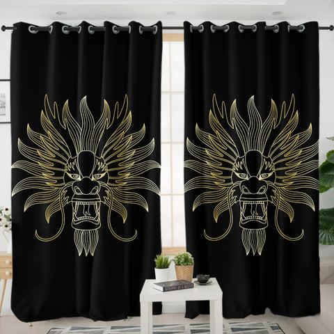 Image of Golden Asian Dragon Head Black Theme SWKL4598 - 2 Panel Curtains