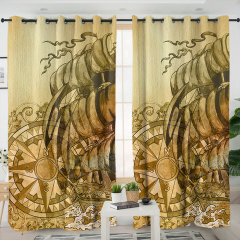 Image of Vintage Black Print Compass & Pirate Boat SWKL4644 - 2 Panel Curtains