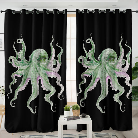 Image of Purple Green Octopus Black Theme SWKL4660 - 2 Panel Curtains