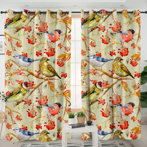 Image of Flowers & Sunbirds Cream Theme SWKL4664 - 2 Panel Curtains