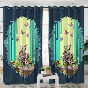 Purple Butterflies & Cat Playing SWKL4666 - 2 Panel Curtains