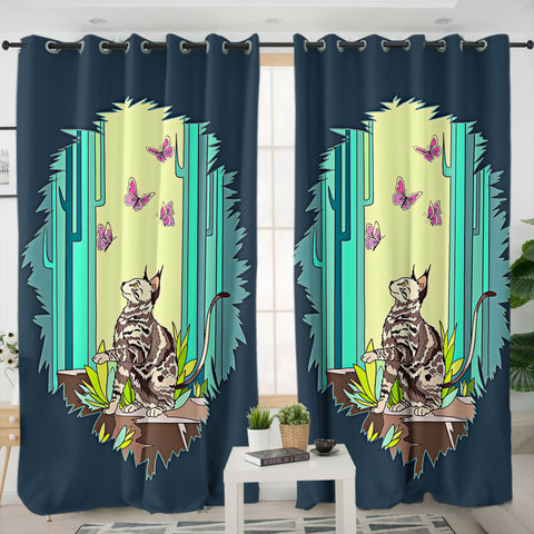 Image of Purple Butterflies & Cat Playing SWKL4666 - 2 Panel Curtains