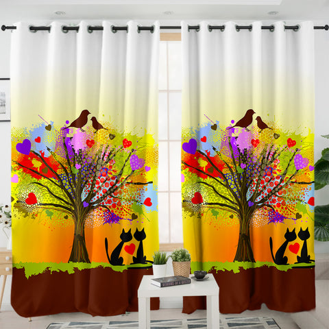 Image of Birds & Cats Couple Colorful Tree Theme SWKL4727 - 2 Panel Curtains