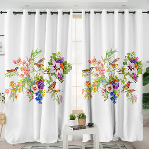 Multi Flowers & Sunbirds White Theme SWKL4732 - 2 Panel Curtains