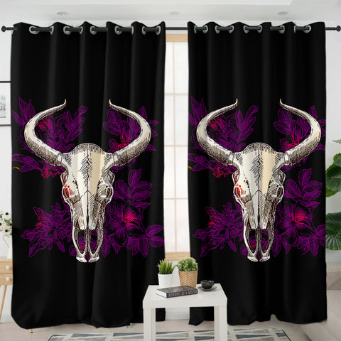 Image of Vintage Dark Purple Floral Buffalo Skull SWKL4733 - 2 Panel Curtains