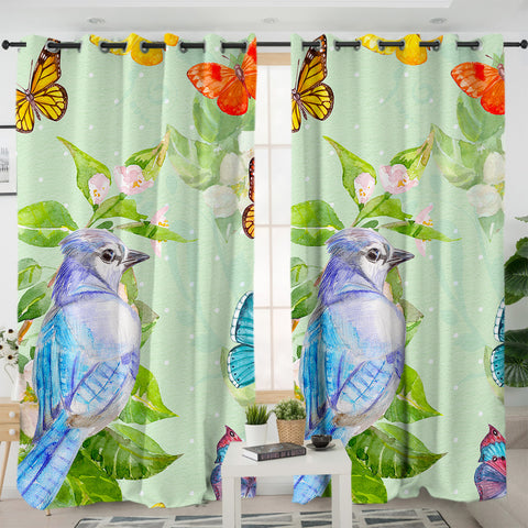 Image of Watercolor Big Blue Sunbird & Colorful Butterflies SWKL4739 - 2 Panel Curtains