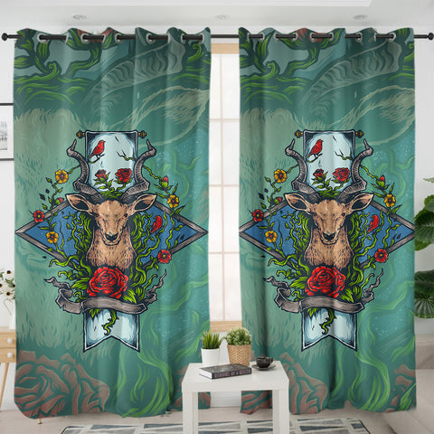 Image of Old School Colorful Floral Deer Head SWKL4740 - 2 Panel Curtains