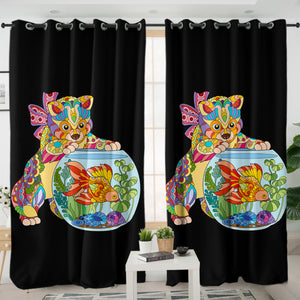 Colorful Geometric Cat & Fishbowl SWKL4743 - 2 Panel Curtains