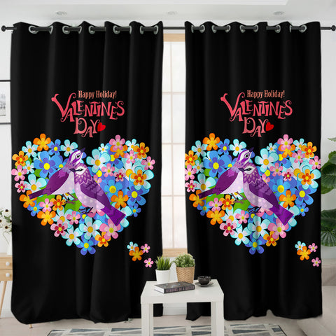 Image of Blue Couple Sunbird In Floral Heart - Valentine's Day SWKL4746 - 2 Panel Curtains