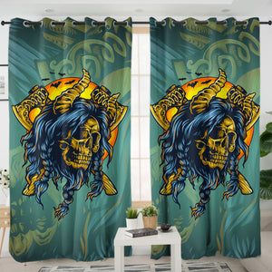 Old School Gold Buffalo Skull Warrior SWKL4749 - 2 Panel Curtains