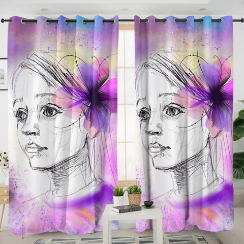Image of Purple Floral On Lady's Ear Sketch SWKL4752 - 2 Panel Curtains