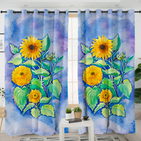 Image of Chrysanthemum Blue Cloud Theme SWKL5147 - 2 Panel Curtains