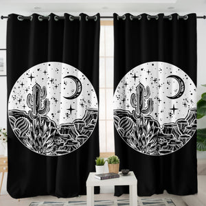 B&W Gothic Cactus In Night Sketch SWKL5160 - 2 Panel Curtains