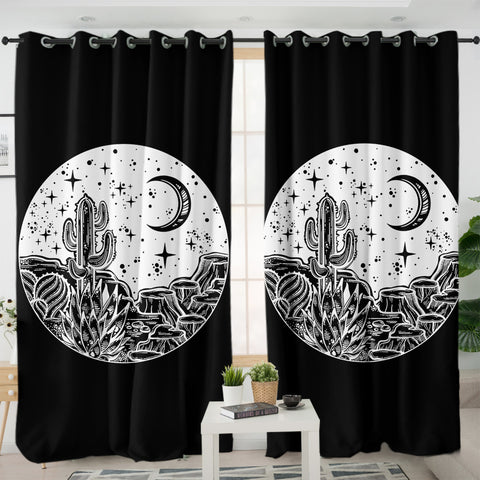 Image of B&W Gothic Cactus In Night Sketch SWKL5160 - 2 Panel Curtains