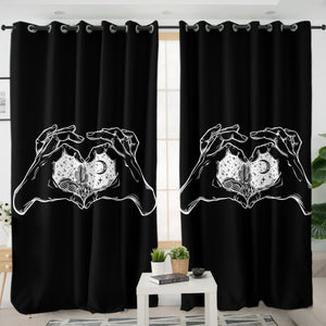 B&W Heart Hands Night Cactus Sketch SWKL5161 - 2 Panel Curtains