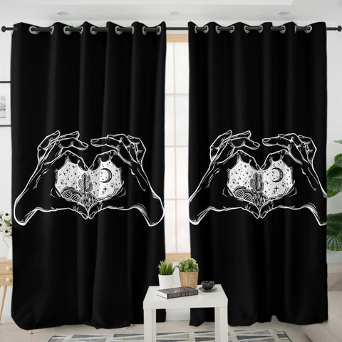 Image of B&W Heart Hands Night Cactus Sketch SWKL5161 - 2 Panel Curtains