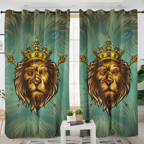 Image of Golden King Crown Lion Green Theme SWKL5172 - 2 Panel Curtains