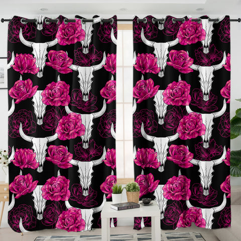 Image of Multi Pink Roses & Buffalo Skull SWKL5186 - 2 Panel Curtains