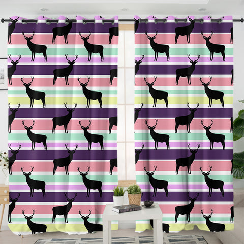 Image of Multi Black Deer Coloful Stripes SWKL5191 - 2 Panel Curtains