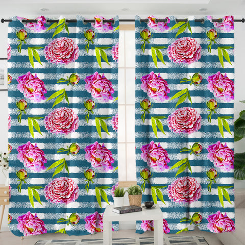 Image of Flower Stripe Bluetint Theme SWKL5245 - 2 Panel Curtains