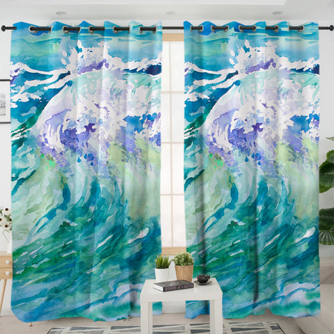 Image of Watercolor Blue Waves Japanese Art SWKL5246 - 2 Panel Curtains