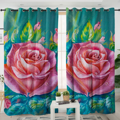 Image of Watercolor Pink Roses Green Theme SWKL5250 - 2 Panel Curtains