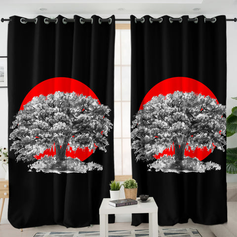 Image of Big Tree Red Sun Japanese Art SWKL5257 - 2 Panel Curtains