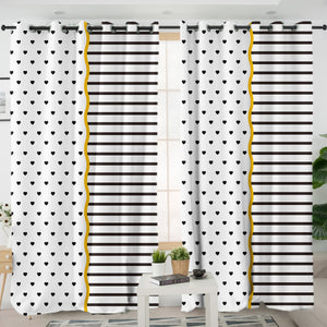 B&W Multi Heart Dot & Stripes Golden Line SWKL5267 - 2 Panel Curtains
