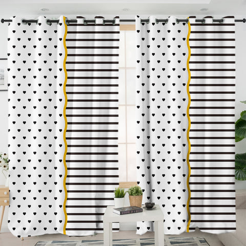 Image of B&W Multi Heart Dot & Stripes Golden Line SWKL5267 - 2 Panel Curtains