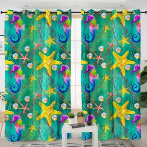Multi Seahorses & Starfishes SWKL5328 - 2 Panel Curtains