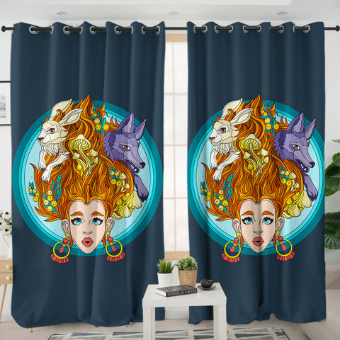 Image of Jungle Lady Rabbit & Wolf Illustration SWKL5337 - 2 Panel Curtains