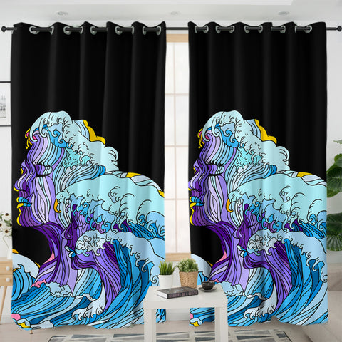 Image of Modern Art - Face Waves Pink & Blue Illustration SWKL5338 - 2 Panel Curtains