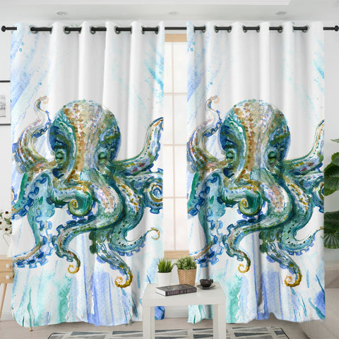 Image of Watercolor Big Octopus Blue & Green Theme SWKL5341 - 2 Panel Curtains