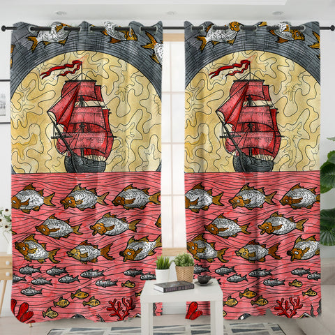 Image of Multi Fishes & Pirate Ship Dark Theme Color Pencil Sketch SWKL5345 - 2 Panel Curtains