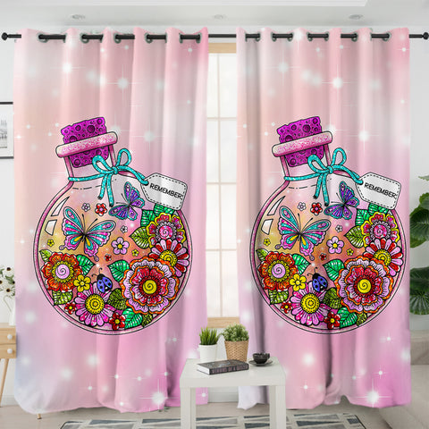 Image of Floral Butterflies Bottle Illustration Pastel Theme SWKL5350 - 2 Panel Curtains