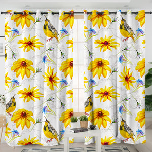 Multi Yellow Aster Flowers & Sunbirds SWKL5353 - 2 Panel Curtains