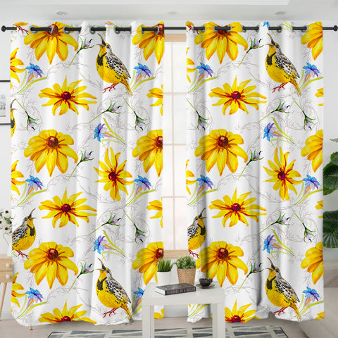 Image of Multi Yellow Aster Flowers & Sunbirds SWKL5353 - 2 Panel Curtains