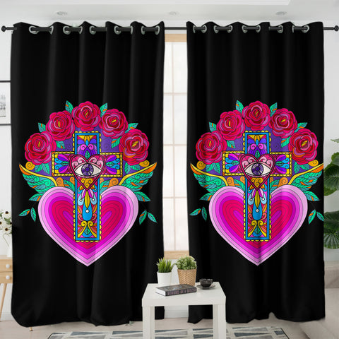 Image of Old School Cross Heart Illustration Pink Color SWKL5356 - 2 Panel Curtains