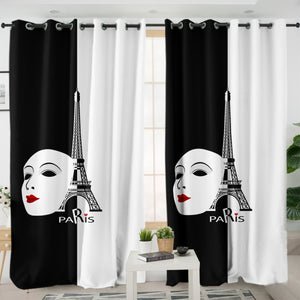 B&W Paris Eiffel Tower Face Mask Red Lips SWKL5448 - 2 Panel Curtains