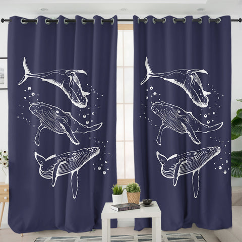 Image of Three Big Whales White Sketch Navy Theme SWKL5450 - 2 Panel Curtains