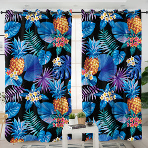 Blue Tint Tropical Leaves SWKL5452 - 2 Panel Curtains