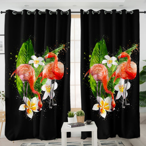 Image of Flamingos White Flower SWKL5460 - 2 Panel Curtains