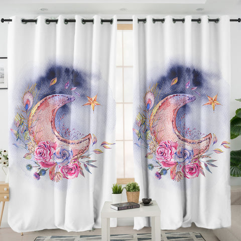 Image of Watercolor Flowers And Moon SWKL5465 - 2 Panel Curtains
